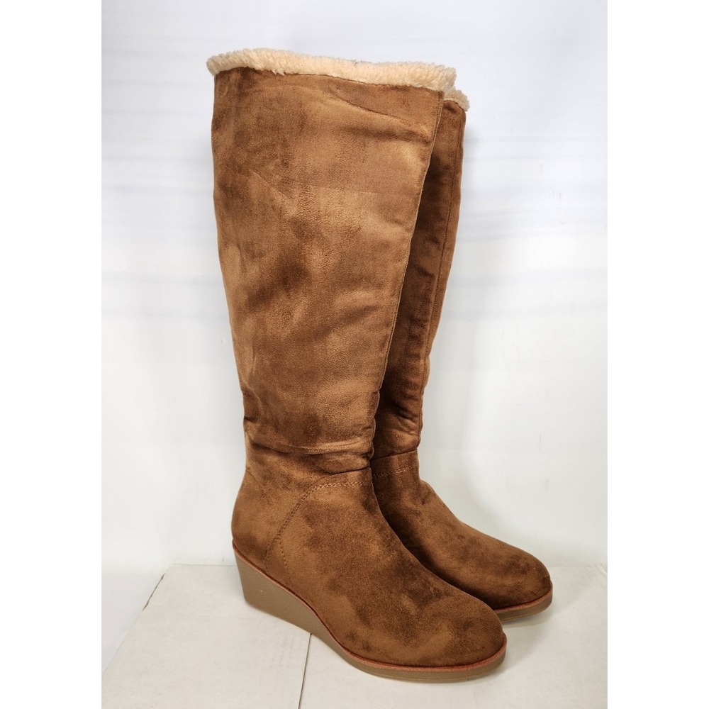 Aerosoles Binocular Boot Women Size 6.5 Tobacco Brown Faux Suede Wedge Tall Boot